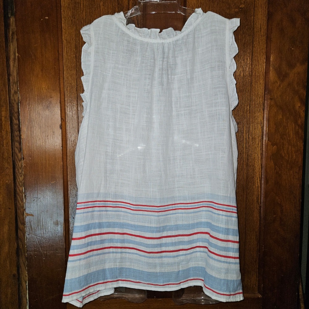 Feeling Festive Women XXL White Cotton Ruffle Sleeveless Top Red Blue Striped - Picture 2 of 6